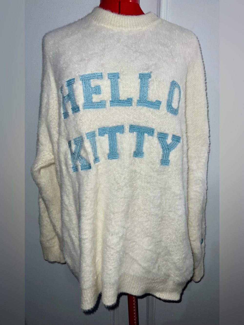 Forever 21 Cream Fuzzy Sweater with Blue "HELLO KITTY" Lettering simall oversize